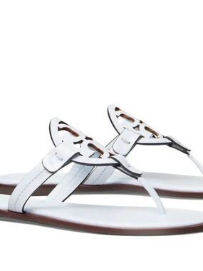 Tory Burch Miller Welt Calf Leather Spring Blue Log Cutout Leather Thong Sandals